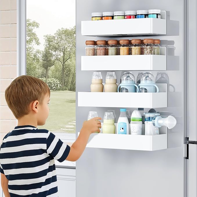 Mystozer Magnetic Spice Rack for Refrigerator, Kitchen Organizer and Storage Shelf, White (4 Pack)…
