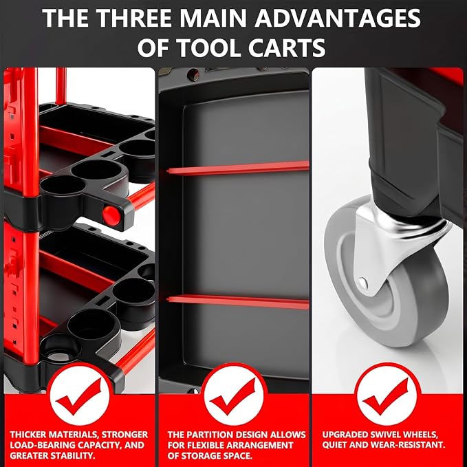 Auto Detailing Cart with Wheels, 3 Tier Rolling Detail Cart | With Long Hanging Plate, Hooks, Brush, Towel and Gloves, for Detailers Garage, Workshop, Repair Shop, Storage Tool