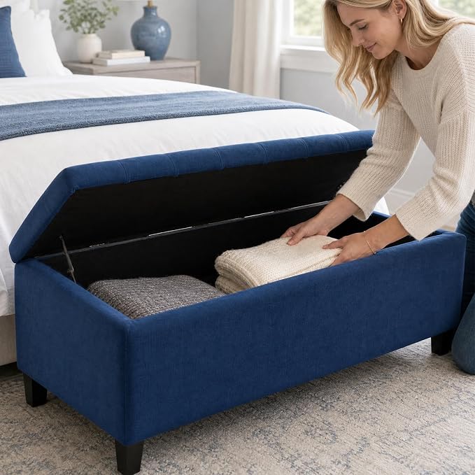 Madison Park 49" Upholstered Storage Bench, Button Tufted End of Bed Bench with Storage, Dual Spring Soft-Close Lid, Bedroom Bench for Queen King Bed, Entryway Living Room, Navy