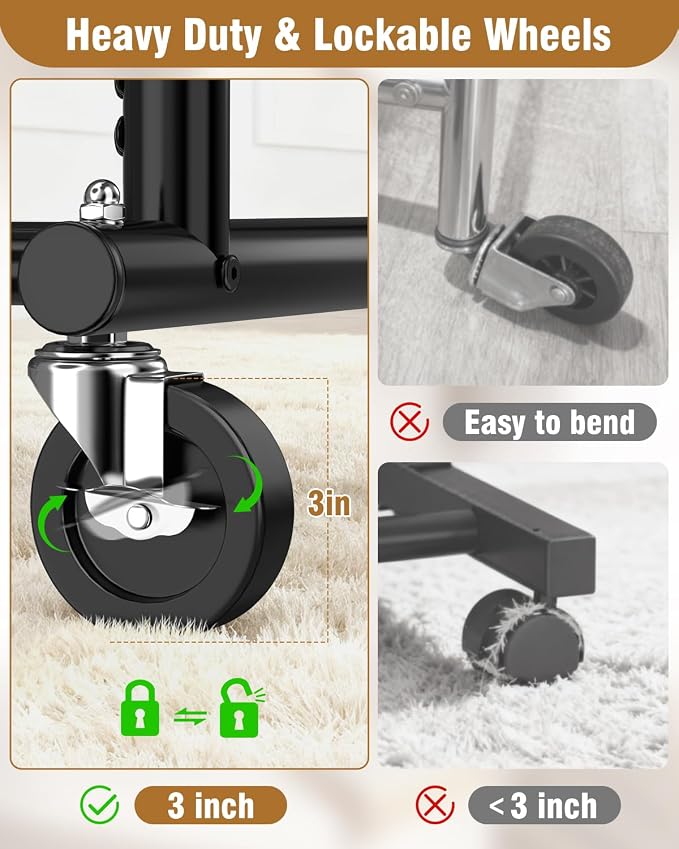 EAGMAK Heavy Duty Clothes Rack for Hanging Clothes Load 556 LBS, Height Adjustable Rolling Clothing Racks, Portable Metal Coat Rack Garment Wardrobe with Wheels and Shelves for Bedroom Laundry, Black