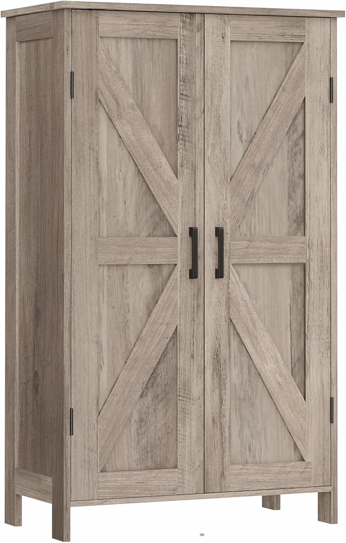 Homleke 43.3" H Farmhouse Bathroom Storage Cabinet with Adjustable Shelves | Freestanding Storage Cabinet with Barn Doors for Bathroom, Kitchen, Living Room, Dining Room & Entryway, Greige