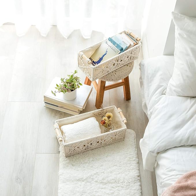 Mkono 2Pc Macrame Storage Baskets, Boho Bathroom Toilet Paper Holder, Ivory | Small Baskets for Organizing, Hand-Woven, Bohemian Beach Coastal Decor, Shelf Vanity Cabinet Bedroom Living Room Office Dorm