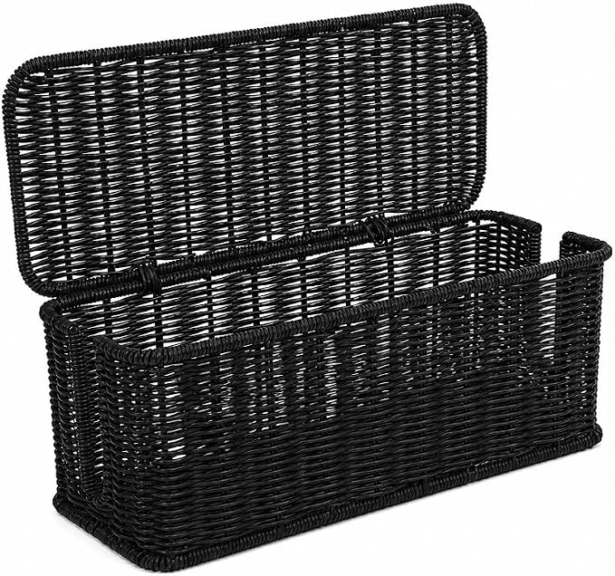 Cable Management Box, Handmade Rattan Cable Organizer with 2 Open Slots, Cord Hider for Power Strip, Router & USB Hub, Registered U.S. Design Patent (D1,112,102), 13" x 5.1" x 5.1", Black