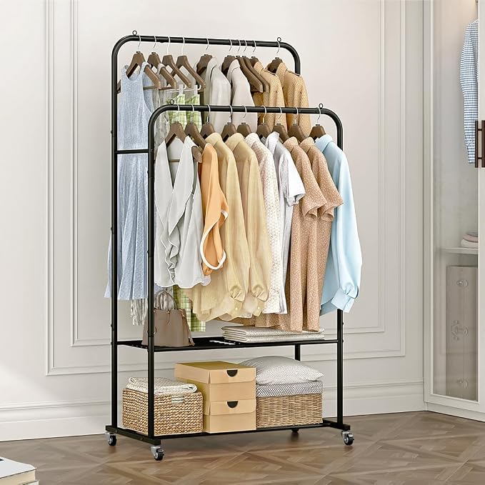 SUOERNUO Clothes Rack with Lockable Wheels Double Rods Metal Garment Racks | Portable Heavy-Duty Clothing Rack, Rolling Clothes Shelves for Bedroom Laundry Living Room, Black