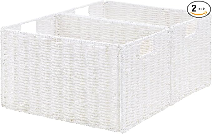 Vagusicc Wicker Storage Basket, Set of 2 Hand-Woven Paper Rope Wicker Basket, Large Storage Baskets for Organizing, Foldable Large Cube Storage Organizer Bins for Shelves (White)