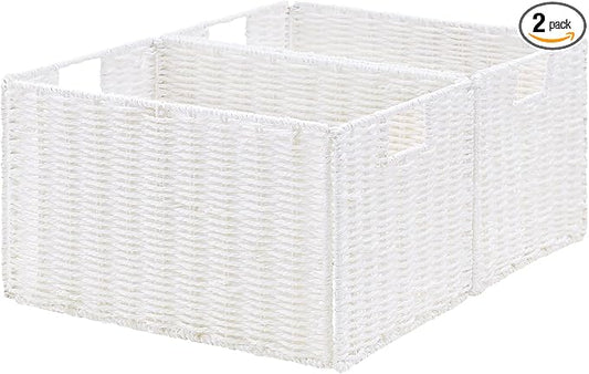Vagusicc Wicker Storage Basket, Set of 2 Hand-Woven Paper Rope Wicker Basket, Large Storage Baskets for Organizing, Foldable Large Cube Storage Organizer Bins for Shelves (White)