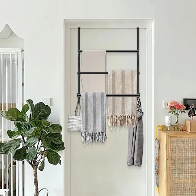 Livabber 3-Tier Over The Door Towel Rack, All Metal Towel Rack with Hooks for Door Hanging, Behind Door Towel Bar Towel Storage Holder for Bathroom Accessories, Black (19.37" L x 5.9" W x 24.4" H)