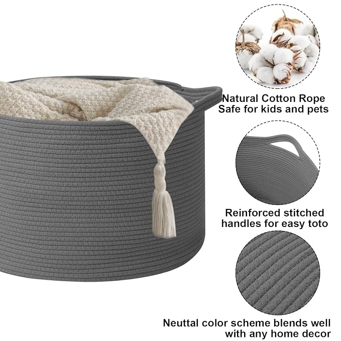 115L Extra Large Blanket Basket,Woven Rope Laundry Basket-Dark Grey | Collapsible, reinforced handles, nursery storage bin organizes clothes, toys and pillows for living room, bedroom bathroom.