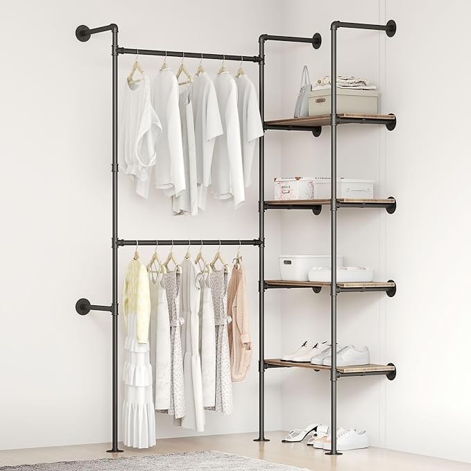 Industrial Pipe Clothing Rack | Hanging Rods Clothes Rack with Shelves, Clothes Rack for Wardrobe, Corner Closet System for Walk in Closets