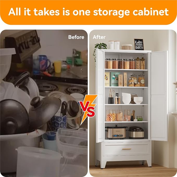 71" Tall Kitchen Pantry Cabinet,Farmhouse Pantry Cabinet,Metal Cabinet with Adjustable Shelves and Drawer,Storage Cabinet for Kitchen Dining Room Garage,White 1 Pack