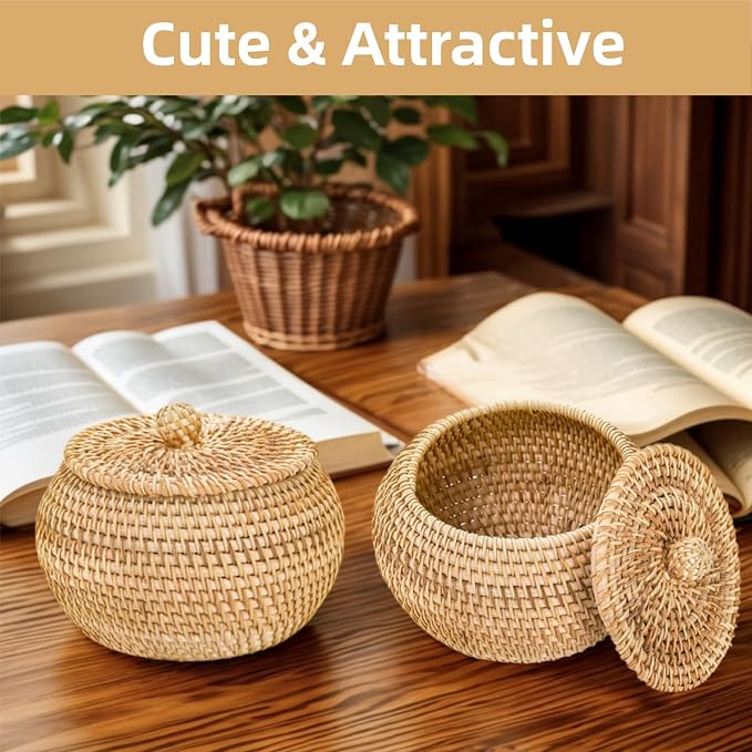 WRINGKIT Small Rattan Basket Box with Lid, Handmade Woven | Round Storage Basket, Multi-purpose Wicker Bowl, Decorative Farmhouse Basket Bin for Shelf, Home, Bathroom, Picnic