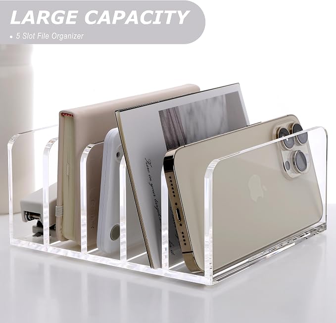 SANRUI Clear Mail Organizer Desk Sorter, Acrylic Letter File Holder 5-Slot | Office Document Mails Storage, Multifunction Letter Folder Racks Holders for Office,Home, School Desk Organization