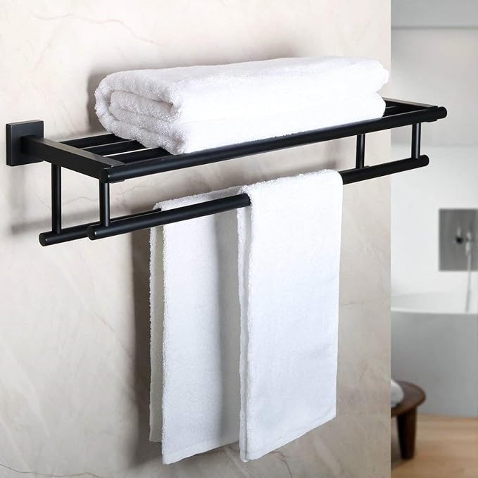 Alise Double Towel Rack for Bathroom Wall Mounted 24 Inch,Matte Black | Bathroom Tower Holder Towel Shelf with Double Towel Bars,SUS304 Stainless Steel Towel Rack with Shelf for Lavatory Kitchen