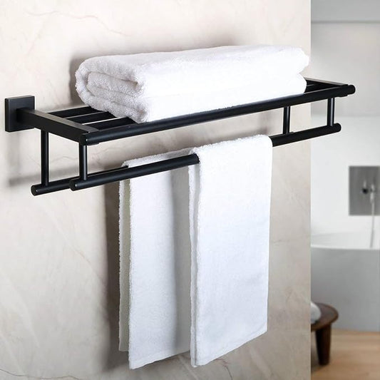 Alise Double Towel Rack for Bathroom Wall Mounted 24 Inch,Matte Black | Bathroom Tower Holder Towel Shelf with Double Towel Bars,SUS304 Stainless Steel Towel Rack with Shelf for Lavatory Kitchen