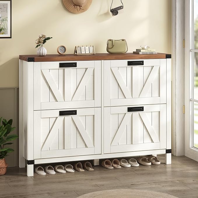 47" Farmhouse Shoe Cabinet with 4 Flip Drawers for Entryway, Hallway | Slim Shoe Rack Freestanding Shoe Organizer with Barn Door, Brown and White