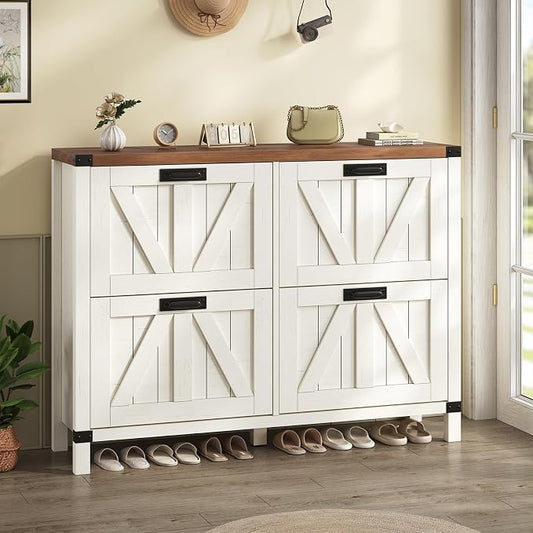 47" Farmhouse Shoe Cabinet with 4 Flip Drawers for Entryway, Hallway | Slim Shoe Rack Freestanding Shoe Organizer with Barn Door, Brown and White