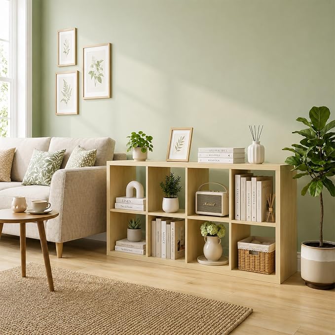 CTESNE【Wooden Thick Frame 8 Cube Storage Organizer Shelf with Anti-Tipping Kits + Reversible Open Back Bookcase, Horizontal and Vertical Dual-use Standing Bookshelf（Oak,13inch）