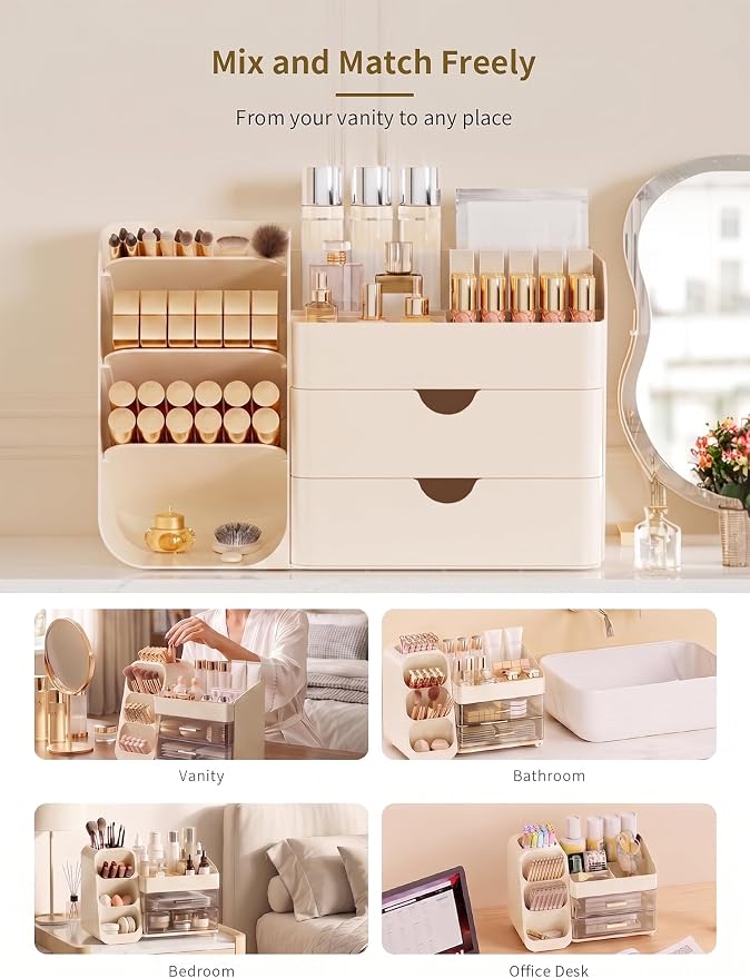 Booklov Small Makeup Organizer for Vanity Countertop, Cream | Plastic Cosmetic Display Case with Drawers, Beauty Brush Holder for Bathroom Counter, Skin Care Perfumes Storage