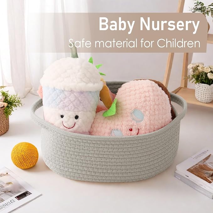 JMvicyroam Small Woven Basket, Empty Gift Basket, Grey/2 Pack | Small Gift Basket, Cotton Rope, 12 x 8 x 37 in, Handles, Includes Ribbon and Bag, Birthday Gift Basket