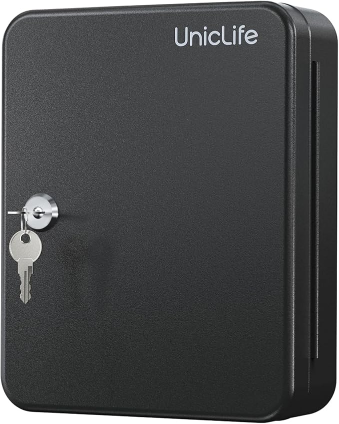 Uniclife Steel Key Cabinet Wall Mounted Organizer - 28 Keys, 2 Unlocking Keys - Black Frosted Security Box with Hooks and Color-Coded Labels