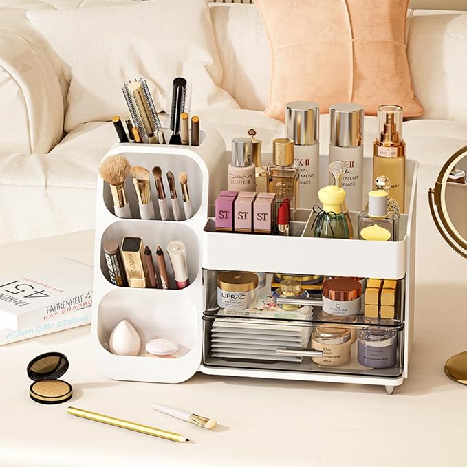 Booklov Large Makeup Organizer for Vanity Countertop, Pink | Clear Acrylic Cosmetic Display Case, Beauty Brush Holder for Bathroom Counter, Make Up Skincare Lipsticks Storage