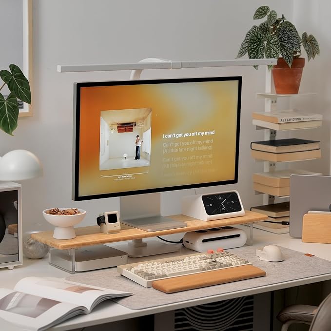 Bamboo Monitor Stand Riser, Natural Desk Shelf with Acrylic Legs | 31.5-Inch Wide, 3.3-Inch Clearance, Fits Monitor, Laptop, Printer and Speakers for Small Desks