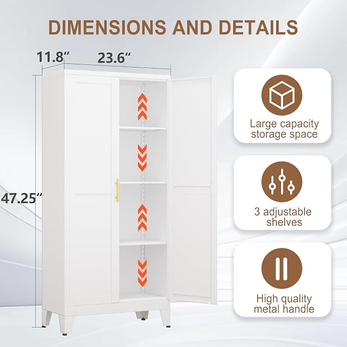 PAOFIN Metal Kitchen Pantry Storage Cabinet with 2 Doors and 3 Adjustable Shelves,Pantry Cabinet with Adjustable Leveling Foot for Kitchen, Living Room, Dining Room（White）