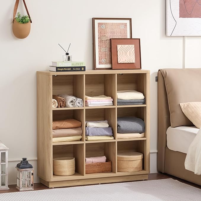 Joaxswe 9 Cube Storage Book Shelf, 41" Tall Organizer Bookshelf with Curved Edge, Modern Floor Standing 3-Tier Cubby Bookcase with Base, Wood Display Book Case for Living Room, Home Office,Natural Oak
