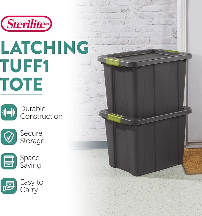 Sterilite Latching Tuff1 Tote Containers w/Lids, 18 Gallon, 18-Pack | Flat Gray, Large Plastic Storage Bins - Heavy-Duty Stackable Organizer Boxes for Home, Office, Basement, Closet, & Garage