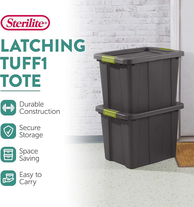Sterilite Latching Tuff1 Tote Containers w/Lids, 18 Gallon, 6-Pack | Flat Gray, Large Plastic Storage Bins - Heavy-Duty Stackable Organizer Boxes for Home, Office, Basement, Closet, & Garage