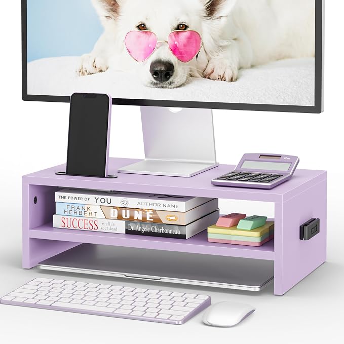 BONTEC Wooden Monitor Stand Riser for Desk, 2-Tier Computer Monitor Stand | 66 lbs Desk Shelf Organizer with Storage, Laptop & Printer Stand with Phone Holder and Cable Management, Purple, 16.5 Inch
