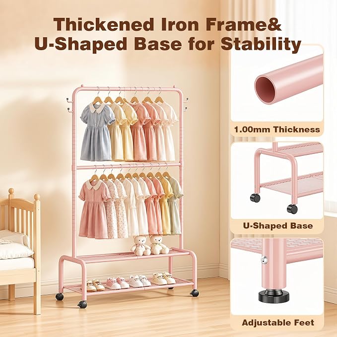 Rolling Kids Clothing Rack: 360° Wheels 2 Lockable for Easy Moving | 44 lb Hanging Capacity Metal Garment Rack with 2 Storage Shelves & 4 Hooks for Baby Toddler Young Kids, Pink