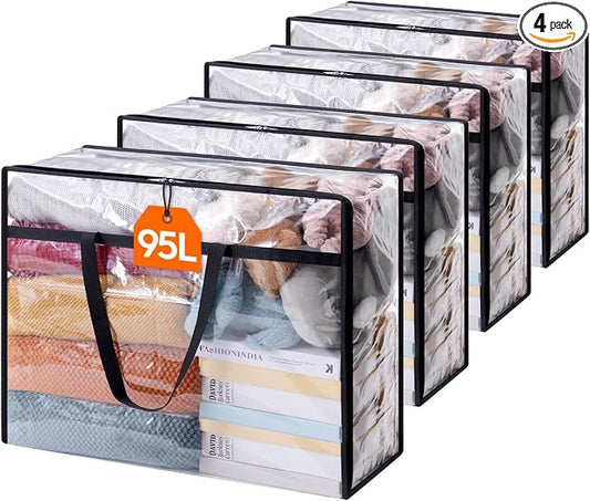 Lifewit 4 Pack Clear Clothes Storage Bags, 95L Plastic Blanket Storage Bag, Vinyl Foldable Moving Bags with Zipper, Closet Organizers and Storage Containers for Bedding, Duvet, Comforter