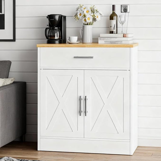 Coffee Bar Cabinet, Wooden Storage Cabinet with 2 Doors and 1 Drawers, Adjustable Shelf, Modern Farmhouse Kitchen Buffet Sideboard Cabinet with Storage for Kitchen, Rustic White&Yellow