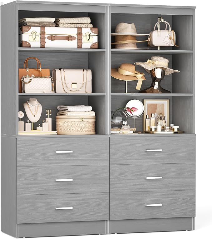 Aheaplus 47.2" Closet Drawers System, 3.94FT Wood Closet Organizer System with 3 Drawers, Modular Small Walk-in Closets Storage Unit, Set of 2, Grey (47.2" L x 13.8" W x 71" H)