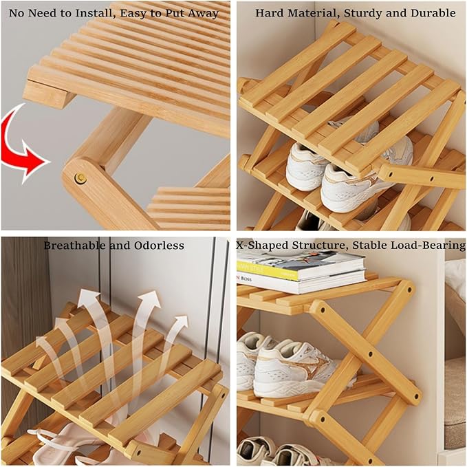 4 Tier Foldable Shoe Rack, Bamboo Vertical Shoe Organizer Tall for Multifunctional Narrow Shoe Shelf for Entryway, Closet, Corner, Bedroom, Hallway(Natural)