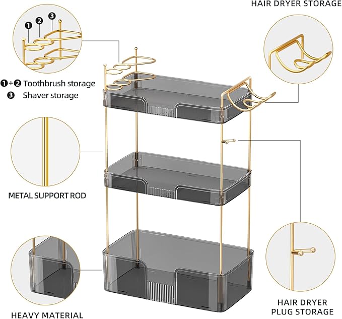 Akinbas 3 Tier Bathroom Organizer Countertop Makeup Perfume Tray Skincare Organizer Comes with Hair Dryer Rack and Toothbrush Holder for Bathroom Dresser Vanity (Grey)