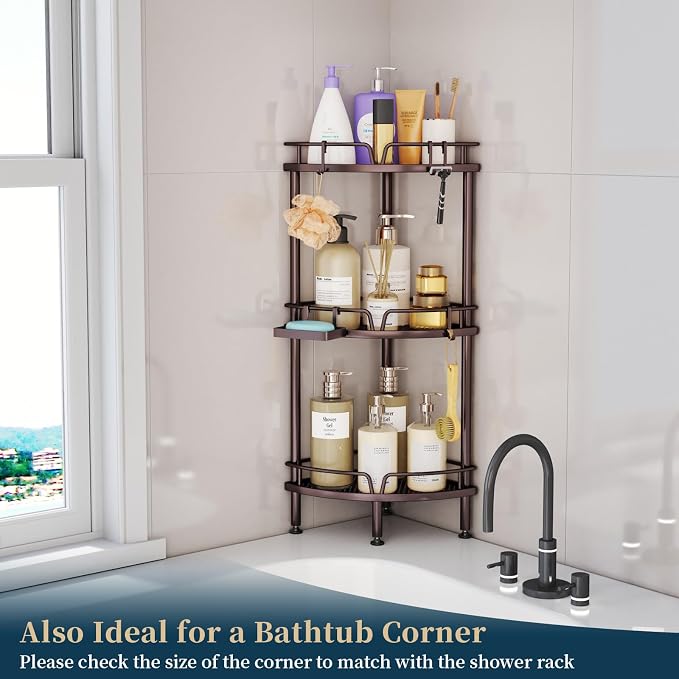 Consumest Corner Shower Caddy Stand - 3 Tier Shower Organizer with Soap Holder, Tall Floor Corner Shelves Standing with Adjustable Feet & 4 Hooks, Storage Rack for Bathroom, Bronze