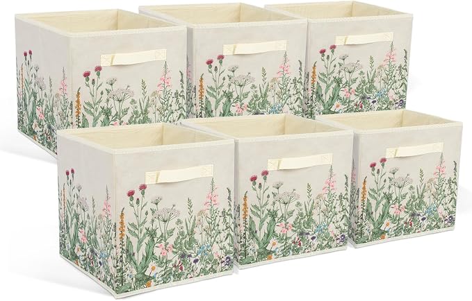6 Pcs Wild Floral Cube Storage Bins 12.5 Inch Flower Storage Basket with Handle, Beige Collapsible Fabric Box for Classroom Bedrooms Office Home Decoration