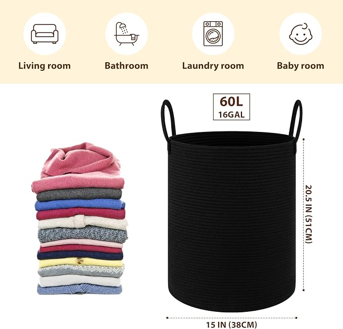 OIAHOMY Large Laundry Basket Hamper - 60L Cotton Rope Woven Basket for Blankets, Toys, Clothes - Tall Decorative Nursery Hamper with Long Handles, Black