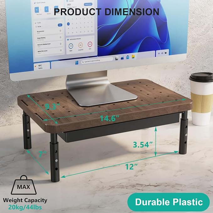WALI Plastic Computer Monitor Stand with Storage, Desk Monitor Riser 3 Height Adjustable, Laptop Riser with Airflow Vents, Desk Organizer for Computer, Laptop, Printer (PTT002-C), 1 Pack, Brown