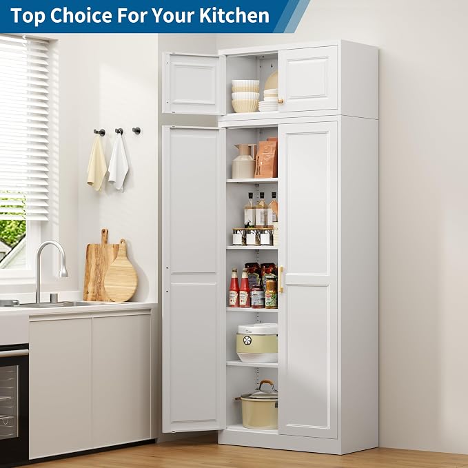 86" Tall Metal Kitchen Pantry Storage Cabinet with Doors | White Freestanding Heavy Duty Steel Cupboard, 4 Adjustable Shelves, Extra Large Organizer for Home and Garage (2 Boxes)