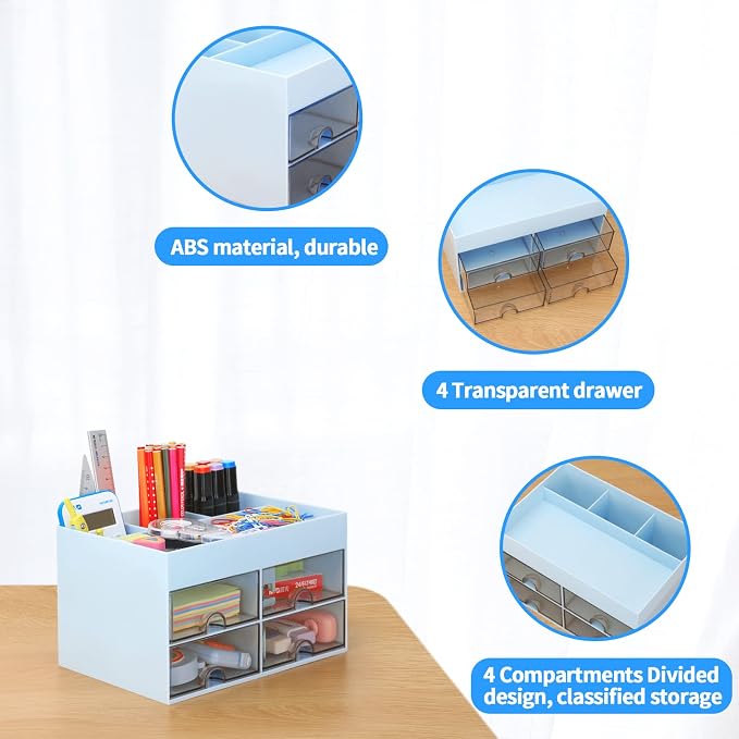 LETURE Office Desktop Organizer with Drawer, Stationary Organizer Desk Caddy, Pen/Pencil/Business Card/Sticky Note Tray/Paperclip Holder Storage Box (Blue)