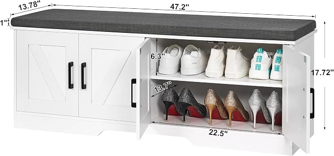 HOMSHO Farmhouse Shoe Storage Bench with 4 Barn Doors & Padded Seat Cushion | 47.2" Wide Entryway Bench with Adjustable Shelves & Hidden Storage, White