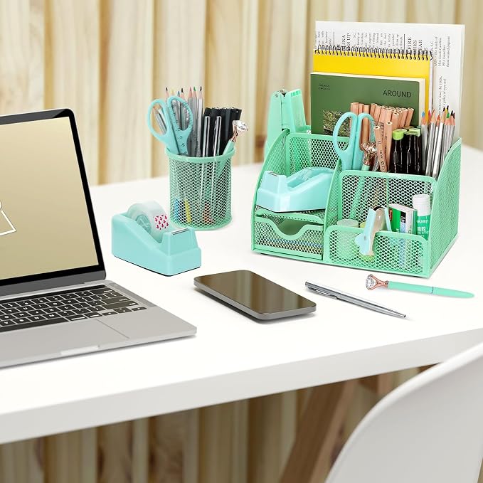 SYMDROMIA 13-in-1 Office Desk Organizer Set with Stapler and Tape Dispenser, Pen Holder, Scissors, Ruler, Hole Punch, 2 Pens & More Desktop Accessories for Back to School Supplies (Green)