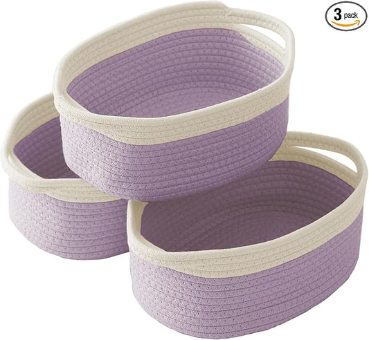 JMvicyroam Small Woven Basket, Empty Gift Basket, White&Purple/3 Pack | Small Gift Basket, Cotton Rope, 12 x 8 x 56 in, Handles, Includes Ribbon and Bag, Birthday Gift Basket