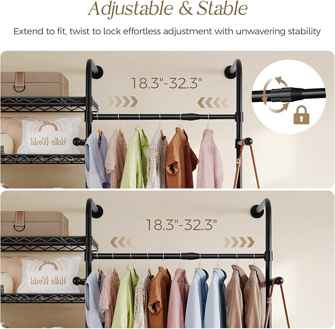 Closet Organizers and Storage, 6-Row Heavy Duty Clothes Rack for Hanging Clothes, Wall Mounted Closet System with 6 Telescopic Rods, 3 Fixed Rods, 7 Hooks, 9 Shelves for Wardrobe, Bedroom, Small Space