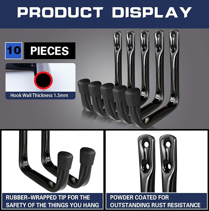 Dreecy 10 Pack Garage Storage J Utility Hooks, Heavy Duty J Utility Hooks Hangers for Garage Wall Hanging Garden Tools, Ladder, Bike, Hose, Black