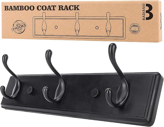 Badiano Wooden Coat Rack, Wall-Mounted Organizer for Closet, Entryway, Hallway, Foyer, Bedroom, Heavy Duty Double Hooks for Hanging Towels, Bags, Hats, Jackets, Key (Black, 3 Hooks)
