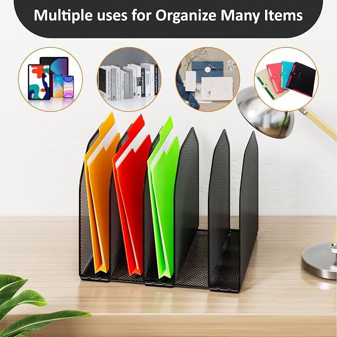 Desk File Organizer, Adjustable 5 Sections Upright Desktop File Sorter | Sturdy, Metal, Mesh, Vertical, Bookshelf, File Holder, Workspace Accessories, for Home,School,Office Classroom,Black